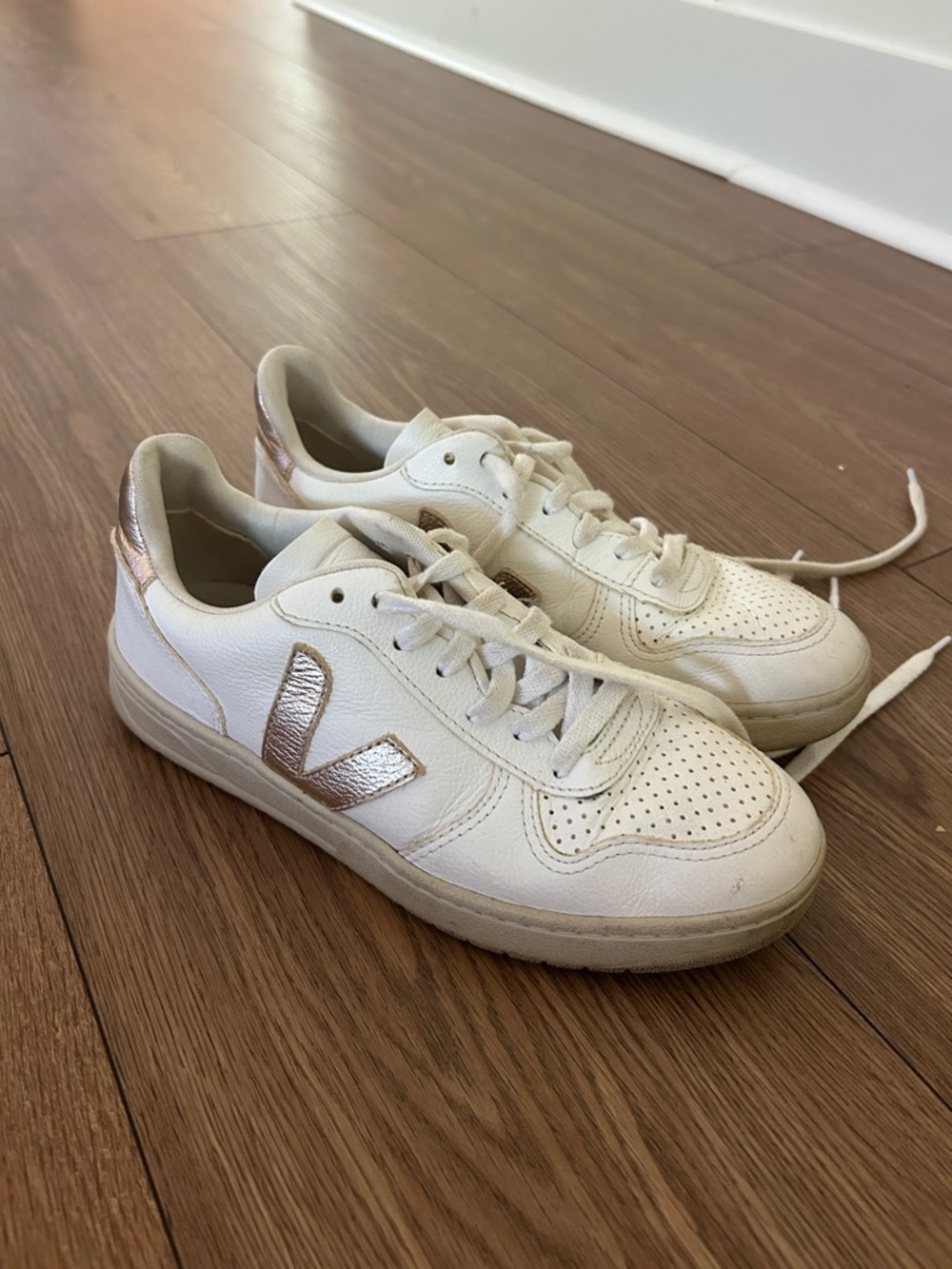 Veja Leather Sneakers in White with Metallic Rose Accents